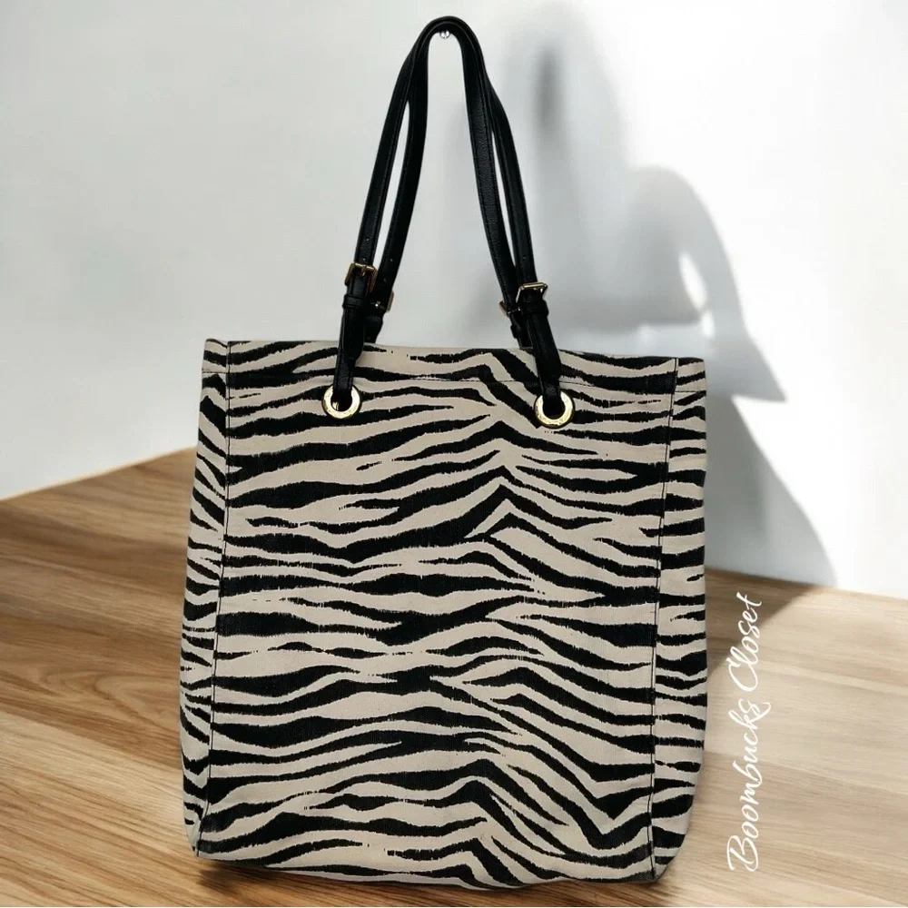 New Michael by Michael Kors Zebra print canvas tote black and white